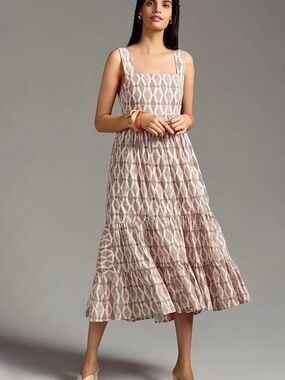 By Anthropologie Square-Neck Tiered Dress 100% Cotton Size XL